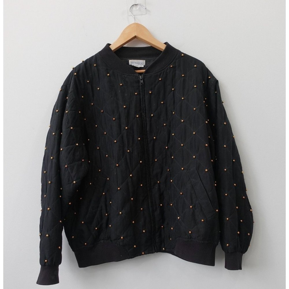 VINTAGE Baggy Quilted Studded Jacket Mens XL Silk Black Bomber‎ 90s Lew Magram